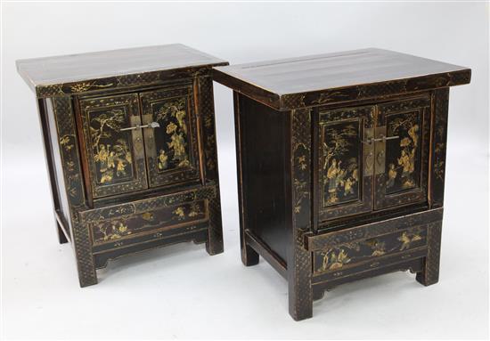 A pair of Chinese lacquered elm bedside cupboards, W.2ft 2in. D.1ft 9in. H.2ft 6in.